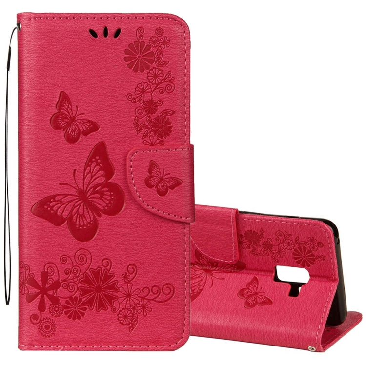 Vintage Embossed Floral Butterfly Pattern Horizontal Flip Leather Case with Card Slot & Holder & Wallet & Lanyard – Lanyard, Magnetic, Card Slot, For Galaxy A8+ (2018) For Galaxy A8+ (2018) Red