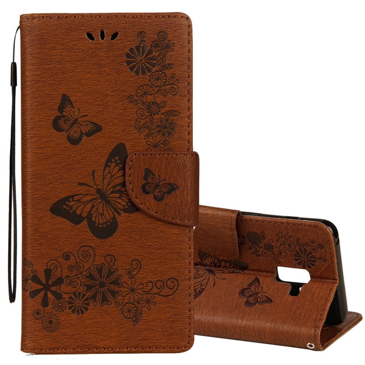 Vintage Embossed Floral Butterfly Pattern Horizontal Flip Leather Case with Card Slot & Holder & Wallet & Lanyard – Lanyard, Magnetic, Card Slot, For Galaxy A8+ (2018) For Galaxy A8+ (2018) Brown