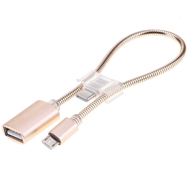 24cm 2A Micro USB to USB Aluminum Alloy Hose OTG Adapter Data Charging Cable with USB-C / Type-C Connector – Aluminum Alloy, Data Transmission Gold