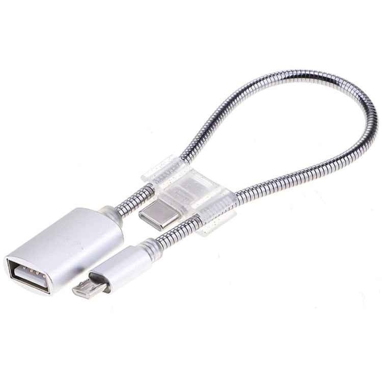 24cm 2A Micro USB to USB Aluminum Alloy Hose OTG Adapter Data Charging Cable with USB-C / Type-C Connector – Aluminum Alloy, Data Transmission Silver