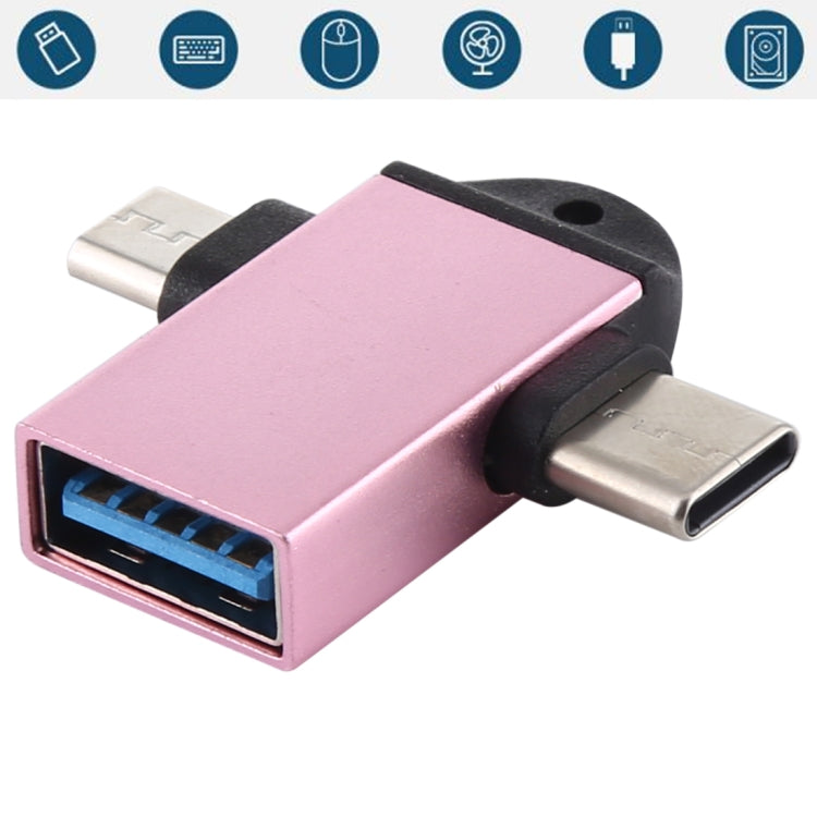 USB 3.0 Female to USB-C / Type-C Male + Micro USB Male Multi-function OTG Adapter with Sling Hole – Data Transmission Rose Gold