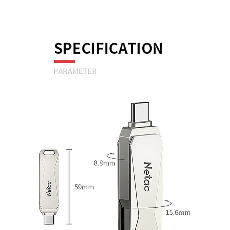 Netac U782C 128GB USB-C / Type-C + USB 3.0 360 Degrees Rotation Zinc Alloy Flash Drive OTG U Disk, 128GB – Anti-Scratch, Data Transmission