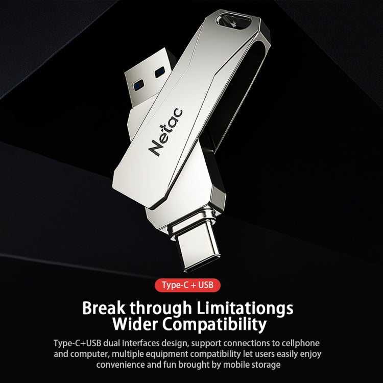 Netac U782C 128GB USB-C / Type-C + USB 3.0 360 Degrees Rotation Zinc Alloy Flash Drive OTG U Disk, 128GB – Anti-Scratch, Data Transmission