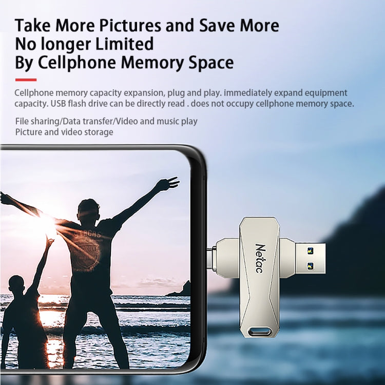 Netac U782C 128GB USB-C / Type-C + USB 3.0 360 Degrees Rotation Zinc Alloy Flash Drive OTG U Disk, 128GB – Anti-Scratch, Data Transmission