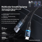 RC-152M 1m 2.4A USB to Micro USB Colorful Breathing Data Cable, Micro USB – Aluminum Alloy