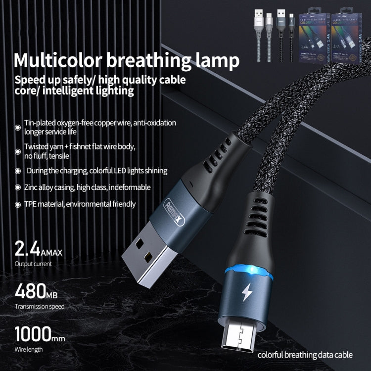 RC-152M 1m 2.4A USB to Micro USB Colorful Breathing Data Cable, Micro USB – Aluminum Alloy