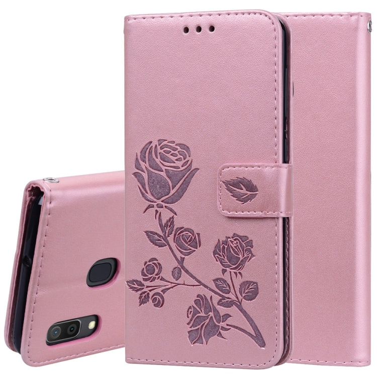 Rose Embossed Horizontal Flip PU Leather Case for Galaxy A30 / A20, with Holder & Card Slots & Wallet, For Samsung Galaxy A30 / A20 For Samsung Galaxy A30 A20 Rose Gold