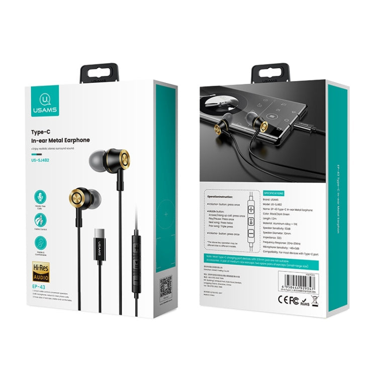 USAMS US-SJ482 EP-43 Wired In Ear USB-C / Type-C Interface Metal Digital HiFi Noise Reduction Earphones with Mic & Digital Chip, Length: 1.2m – Durable Build, Easy to Use