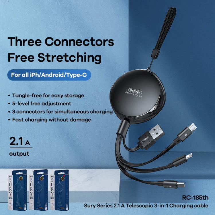RC-185th Data Cable – 3 in 1 2.1A USB to 8 Pin + USB-C / Type-C + Micro USB Sury Series...