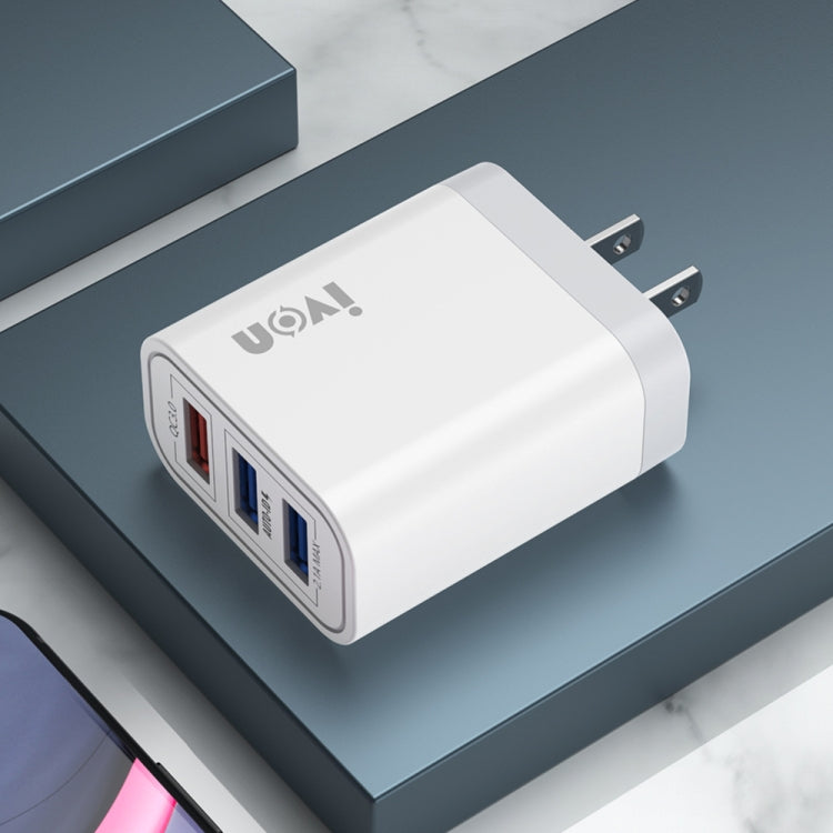 IVON AD37 5A QC 3.0 Three USB Port Travel Charger, US Plug, AD37 – Fast Charging, TPU