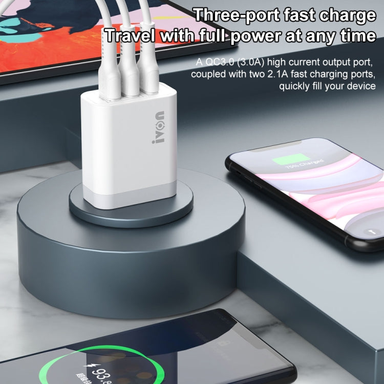 IVON AD37 5A QC 3.0 Three USB Port Travel Charger, US Plug, AD37 – Fast Charging, TPU