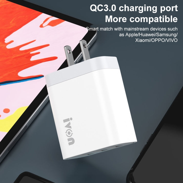 IVON AD37 5A QC 3.0 Three USB Port Travel Charger, US Plug, AD37 – Fast Charging, TPU