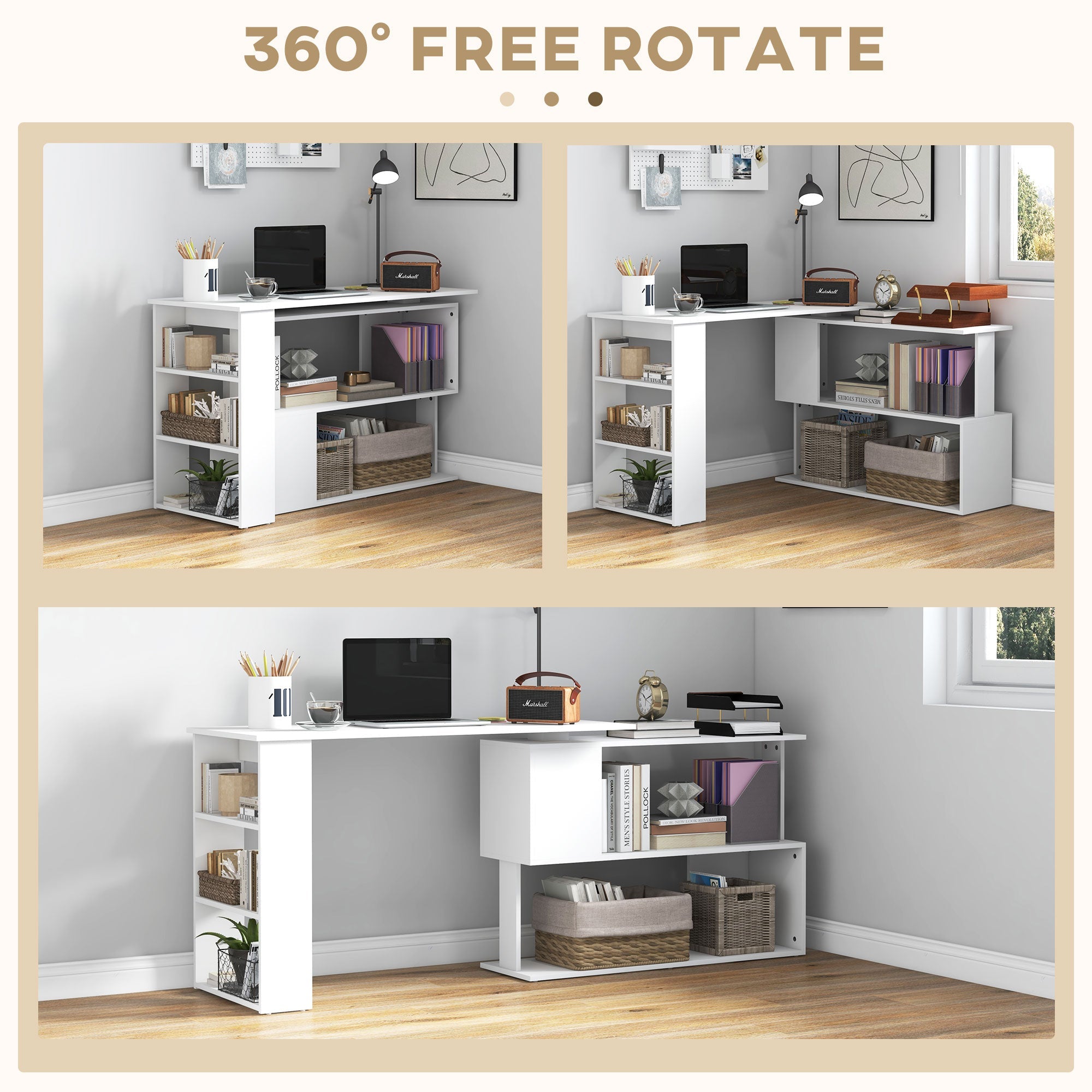 Corner Computer Desk, L Shaped Desk with 360° Rotating Bookshelf, 120L x 110W x 74.5H cm, White
