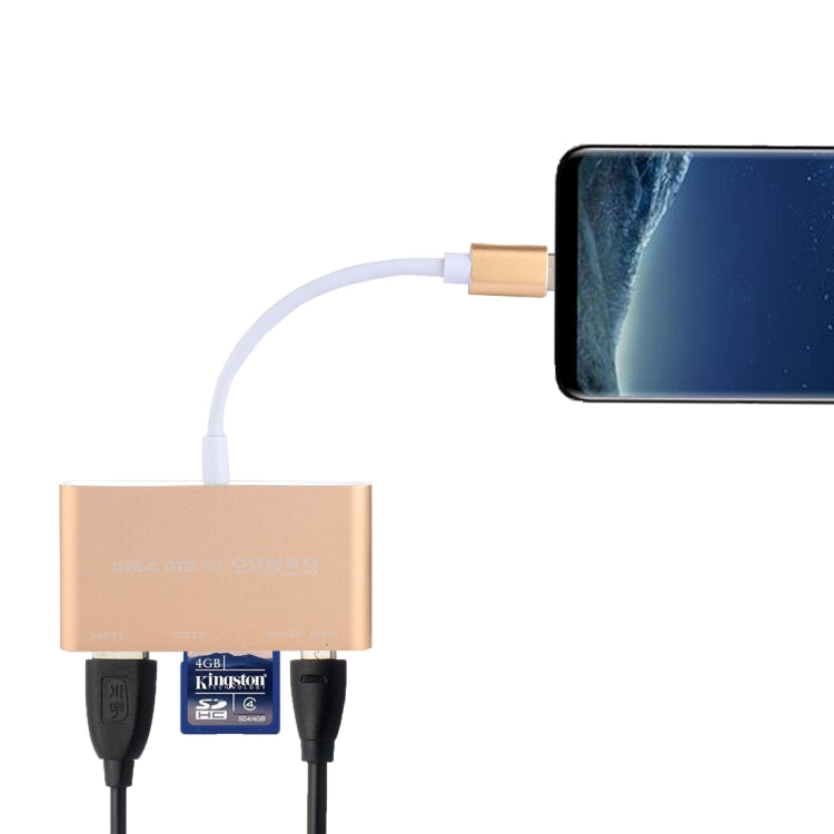 5 in 1 Micro SD + SD + USB 3.0 + USB 2.0 + Micro USB Port to USB-C / Type-C OTG COMBO Adapter Card Reader for Tablet, Smartphone, PC, 5 in 1(Silver), 5 in 1(Gold) – Durable Build, Easy to Use 5 in 1(Gold) Gold