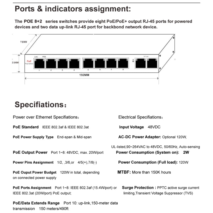 ESCAM POE 8+2 10-Port Fast Ethernet Switch 8-Port POE 10/100M 120W Network Switch, Transmission Distance: 150m, 10 Ports – Data Transmission, TPU