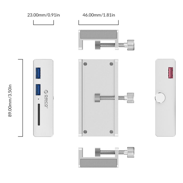 ORICO MH2AC-U3 Clip-type 2 Ports USB3.0 HUB with SD Card Reader – Card Slot, Aluminum Alloy, TPU