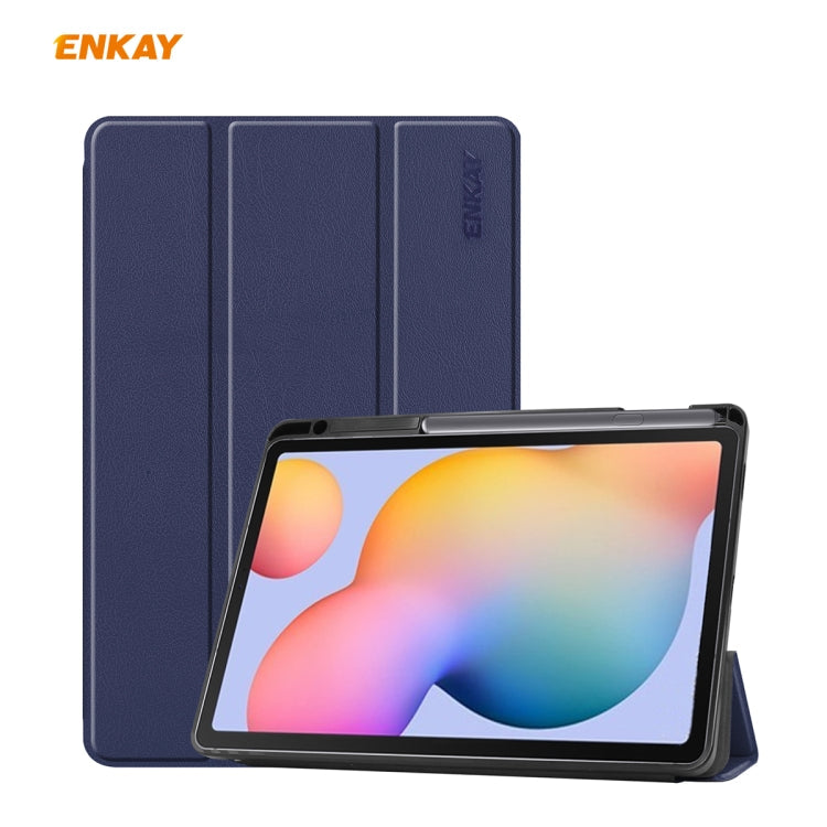 P610 / P615 ENKAY ENK-8003 PU Leather + TPU Smart Case with Pen Slot – Flip, Leather, TPU, For Galaxy Tab S6 Lite, For Samsung Galaxy Tab S6 Lite For Galaxy Tab S6 Lite Dark Blue