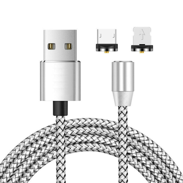 2 in 1 USB to 8 Pin + Micro USB Magnetic Metal Interface Nylon Braided Charging Cable, Length: 1m, 1m 1m Silvery