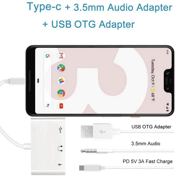 3 in 1 USB-C OTG Adapter with 3.5mm Headphone Jack, Compatible for iPad Pro and Type-C Jack Phone, 3 in 1 – Fast Charging