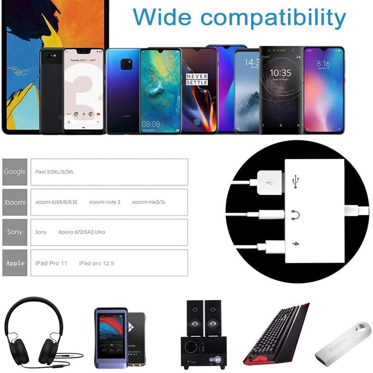 3 in 1 USB-C OTG Adapter with 3.5mm Headphone Jack, Compatible for iPad Pro and Type-C Jack Phone, 3 in 1 – Fast Charging