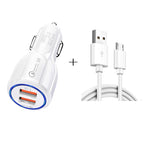 Qc3.0 Dual USB Car Charger + Micro USB Fast Charging Cable Car Charging Kit, Micro USB (White), Micro USB (Black) Micro USB (White) White