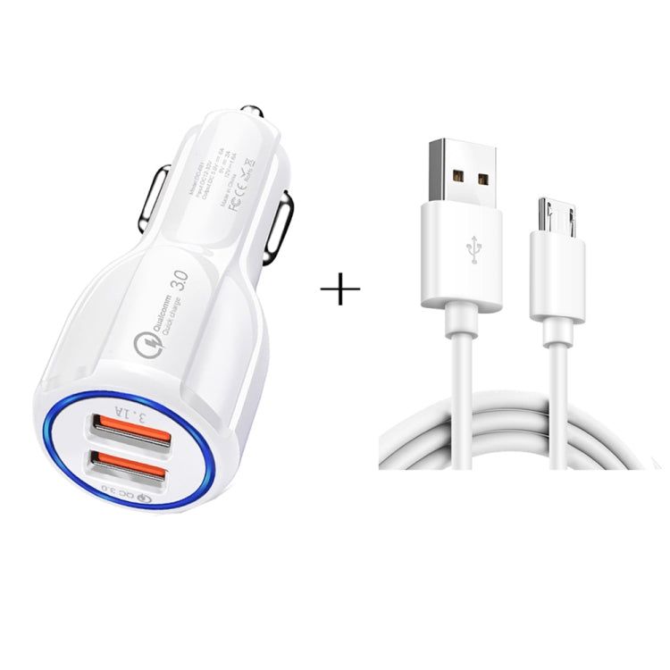Qc3.0 Dual USB Car Charger + Micro USB Fast Charging Cable Car Charging Kit, Micro USB (White), Micro USB (Black) Micro USB (White) White