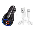 Qc3.0 Dual USB Car Charging + Type-C Fast Charging Cable Car Charging Kit, Type-C (Black), Type-C (White) Type-C (Black) Black