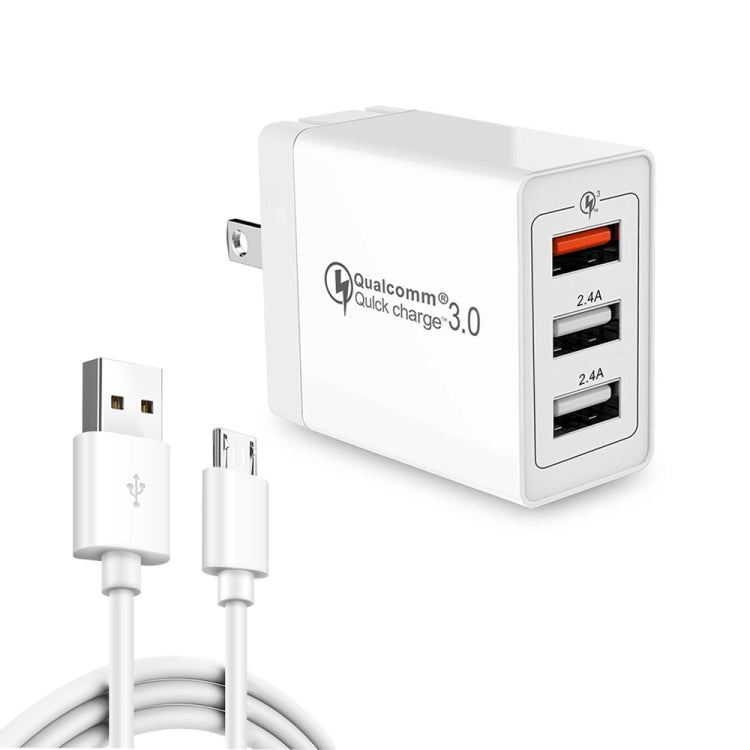 SDC-30W 2 in 1 USB to Micro USB Data Cable + 30W QC 3.0 USB + 2.4A Dual USB 2.0 Ports Mobile Phone Tablet PC Universal Quick Charger Travel Charger Set, US Plug, with Micro USB Cable, US Plug – Fast Charging, Data Transmission, TPU