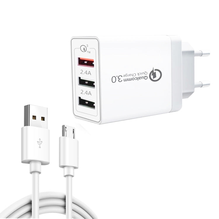 SDC-30W 2 in 1 USB to Micro USB Data Cable + 30W QC 3.0 USB + 2.4A Dual USB 2.0 Ports Mobile Phone Tablet PC Universal Quick Charger Travel Charger Set, EU Plug, with Micro USB Cable, EU Plug – Fast Charging, Data Transmission, TPU