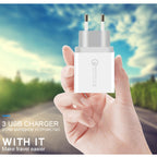 SDC-30W 2 in 1 USB to Micro USB Data Cable + 30W QC 3.0 USB + 2.4A Dual USB 2.0 Ports Mobile Phone Tablet PC Universal Quick Charger Travel Charger Set, EU Plug, with Micro USB Cable, EU Plug – Fast Charging, Data Transmission, TPU