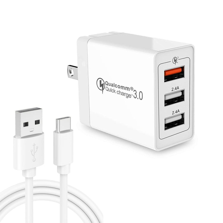 SDC-30W 2 in 1 USB to USB-C / Type-C Data Cable + 30W QC 3.0 USB + 2.4A Dual USB 2.0 Ports Mobile Phone Tablet PC Universal Quick Charger Travel Charger Set, US Plug, with USB-C / Type-C Cable, US Plug – Fast Charging, Data Transmission, TPU with USB-C Type-C Cable, US Plug