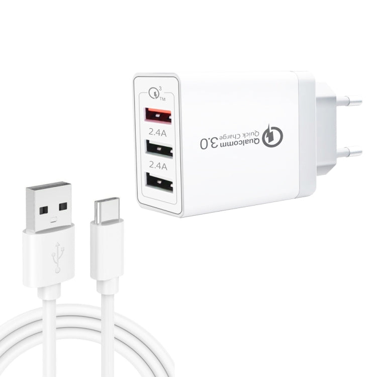SDC-30W 2 in 1 USB to USB-C / Type-C Data Cable + 30W QC 3.0 USB + 2.4A Dual USB 2.0 Ports Mobile Phone Tablet PC Universal Quick Charger Travel Charger Set, EU Plug, with USB-C / Type-C Cable, EU Plug – Fast Charging, Data Transmission, TPU with USB-C Type-C Cable, EU Plug