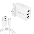 SDC-30W 2 in 1 USB to USB-C / Type-C Data Cable + 30W QC 3.0 USB + 2.4A Dual USB 2.0 Ports Mobile Phone Tablet PC Universal Quick Charger Travel Charger Set, UK Plug, with USB-C / Type-C Cable, UK Plug – Fast Charging, Data Transmission, TPU