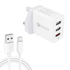 SDC-30W 2 in 1 USB to USB-C / Type-C Data Cable + 30W QC 3.0 USB + 2.4A Dual USB 2.0 Ports Mobile Phone Tablet PC Universal Quick Charger Travel Charger Set, UK Plug, with USB-C / Type-C Cable, UK Plug – Fast Charging, Data Transmission, TPU