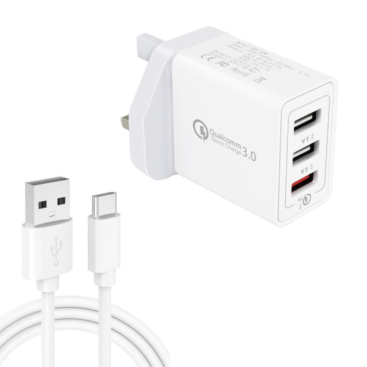 SDC-30W 2 in 1 USB to USB-C / Type-C Data Cable + 30W QC 3.0 USB + 2.4A Dual USB 2.0 Ports Mobile Phone Tablet PC Universal Quick Charger Travel Charger Set, UK Plug, with USB-C / Type-C Cable, UK Plug – Fast Charging, Data Transmission, TPU