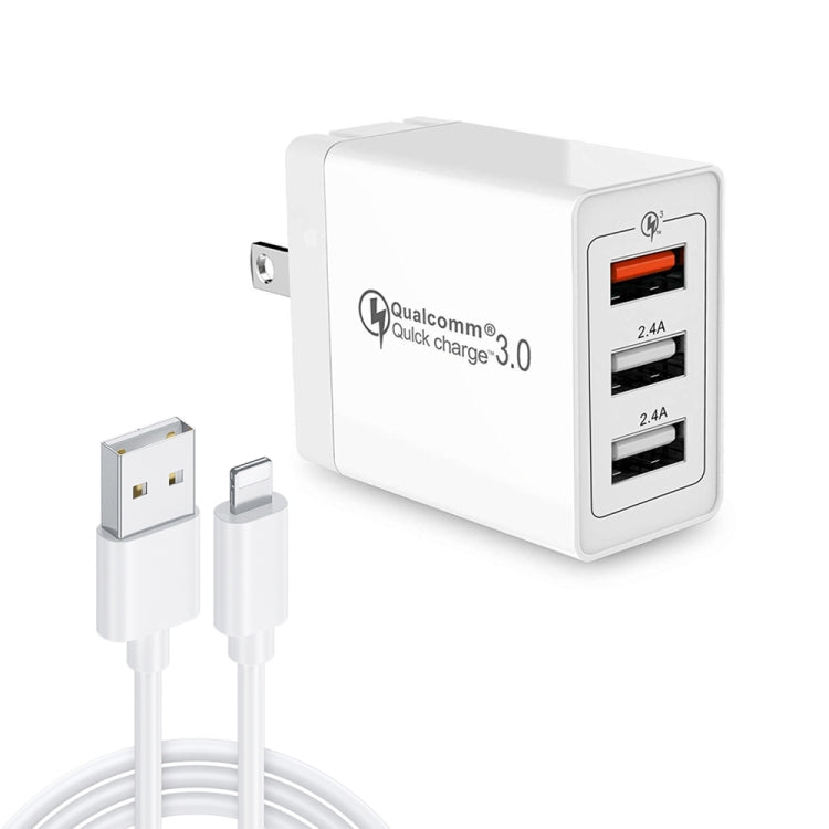 SDC-30W 2 in 1 USB to 8 Pin Data Cable + 30W QC 3.0 USB + 2.4A Dual USB 2.0 Ports Mobile Phone Tablet PC Universal Quick Charger Travel Charger Set, US Plug, with 8 Pin Cable, US Plug – Fast Charging, Data Transmission, TPU with 8 Pin Cable, US Plug