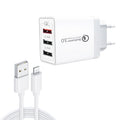 SDC-30W Data Cable – 2 in 1 USB to 8 Pin Data Cable + 30W QC 3.0 USB + 2.4A Dual USB 2.0... with 8 Pin Cable, EU Plug