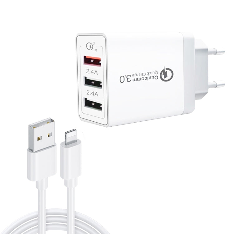 SDC-30W Data Cable – 2 in 1 USB to 8 Pin Data Cable + 30W QC 3.0 USB + 2.4A Dual USB 2.0... with 8 Pin Cable, EU Plug