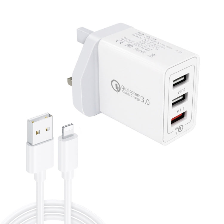 SDC-30W 2 in 1 USB to 8 Pin Data Cable + 30W QC 3.0 USB + 2.4A Dual USB 2.0 Ports Mobile Phone Tablet PC Universal Quick Charger Travel Charger Set, UK Plug, with 8 Pin Cable, UK Plug – Fast Charging, Data Transmission, TPU