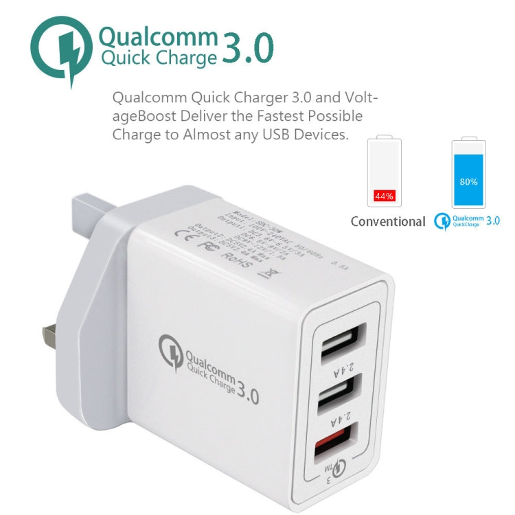 SDC-30W 2 in 1 USB to 8 Pin Data Cable + 30W QC 3.0 USB + 2.4A Dual USB 2.0 Ports Mobile Phone Tablet PC Universal Quick Charger Travel Charger Set, UK Plug, with 8 Pin Cable, UK Plug – Fast Charging, Data Transmission, TPU