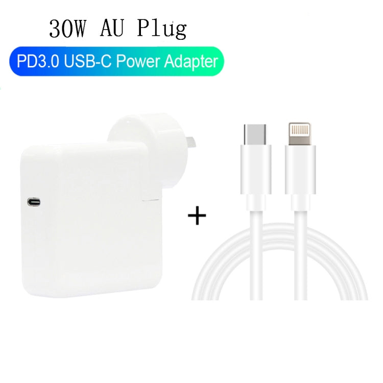 2 in 1 PD3.0 30W USB-C / Type-C Travel Charger with Detachable Foot + PD3.0 3A USB-C / Type-C to 8 Pin Fast Charge Data Cable Set, Cable Length: 1m, AU Plug, 1m – Fast Charging, Data Transmission, TPU
