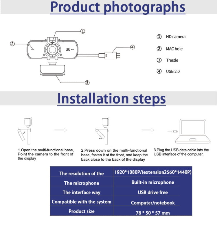C5 4 Million Pixel Auto Focus 2K Full HD Webcam 360 Rotation USB Driver-free Live Broadcast WebCamera with Mic, C5 – TPU