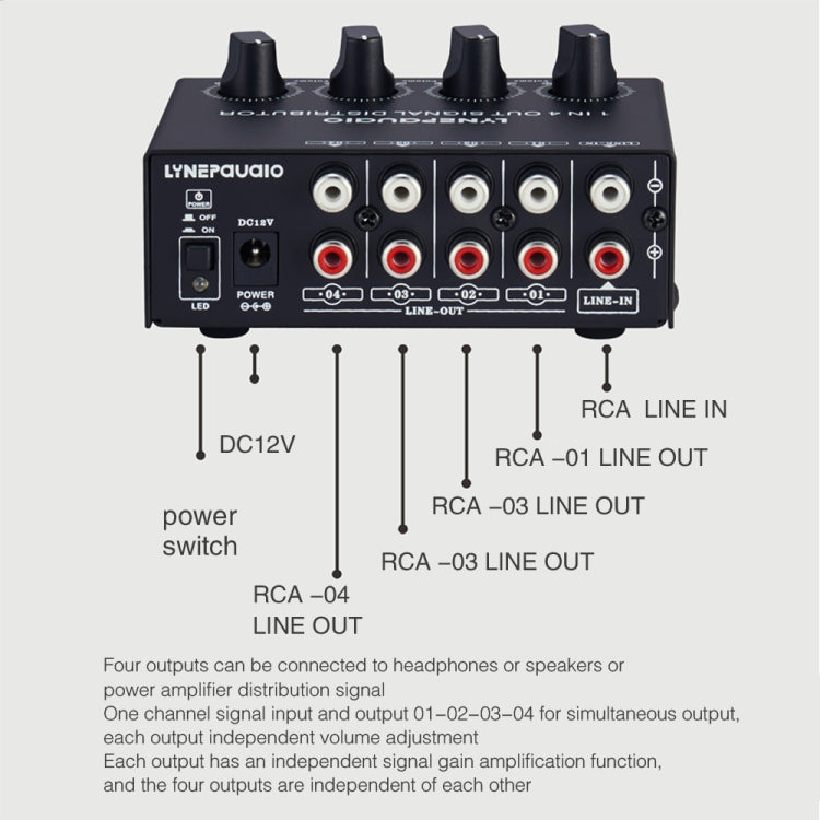 1-In 4-Out Front Stereo Signal Amplifier, Independent Output Volume Adjustment RCA Interface No Loss Allocator, US Plug, B029