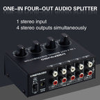 1-In 4-Out Front Stereo Signal Amplifier, Independent Output Volume Adjustment RCA Interface No Loss Allocator, US Plug, B029