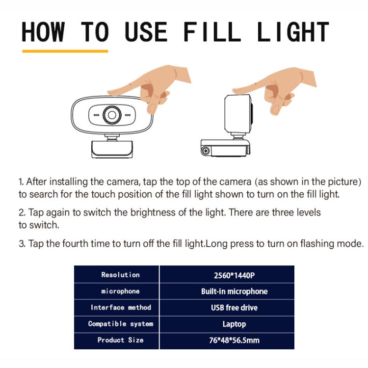 C10 2K HD Without Distortion 360 Degrees Rotate Three-speed Fill Light USB Free Drive Webcams, Built-in Sound Clearer Microphone – TPU
