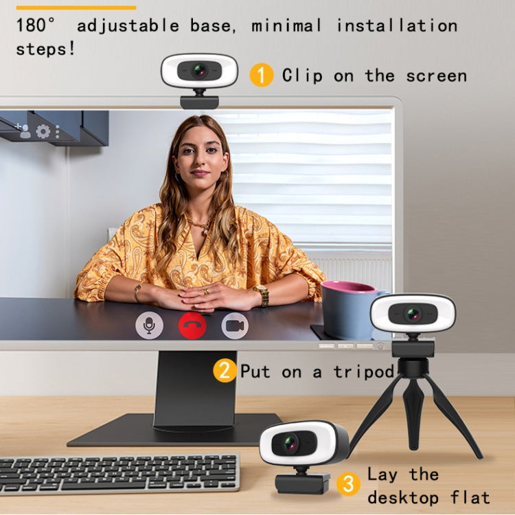 C10 2K HD Without Distortion 360 Degrees Rotate Three-speed Fill Light USB Free Drive Webcams, Built-in Sound Clearer Microphone – TPU