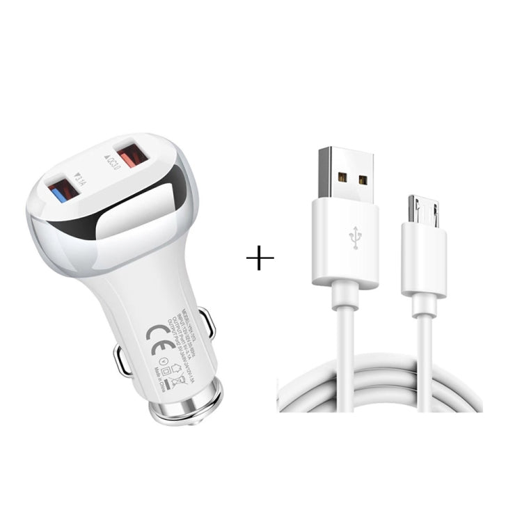 YSY-312 2 in 1 18W Portable QC3.0 Dual USB Car Charger + 1m 3A USB to Micro USB Data Cable Set, with Micro USB Cable – Data Transmission, TPU with Micro USB Cable White