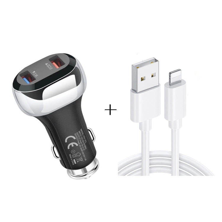 YSY-312 2 in 1 18W Portable QC3.0 Dual USB Car Charger + 1m 3A USB to 8 Pin Data Cable Set, with 8 Pin Cable – Data Transmission, TPU with 8 Pin Cable Black