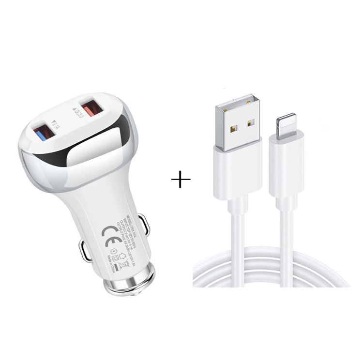 YSY-312 2 in 1 18W Portable QC3.0 Dual USB Car Charger + 1m 3A USB to 8 Pin Data Cable Set, with 8 Pin Cable – Data Transmission, TPU with 8 Pin Cable White