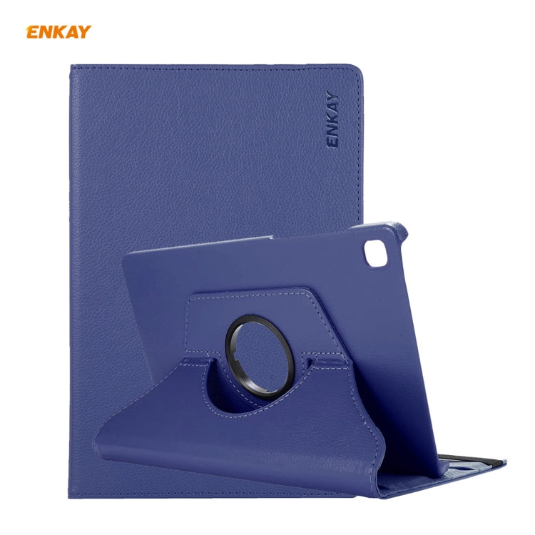 ENKAY ENK-8028 360 Degree Rotation PU Leather Smart Case with Auto Sleep and Holder Function For Samsung Galaxy Tab S6 Lite P610 / P615 – Flip, Leather Dark Blue